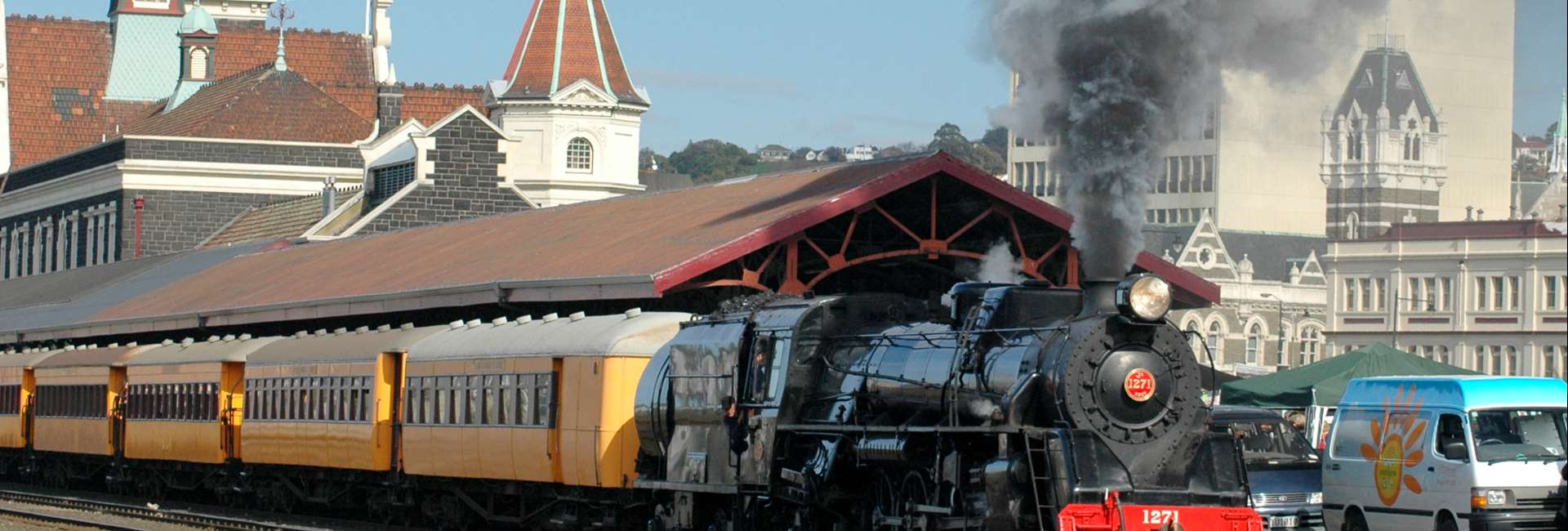 A steam trail leaves Dunedin Train Station